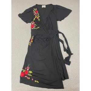 ASOS Wrap Floral  Black short Sleeve Dress US 4 embroidered roses